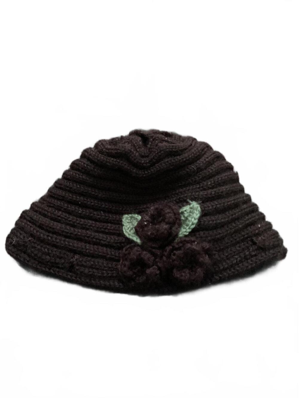 Brown Knit Beanie Hat with Flower Detail